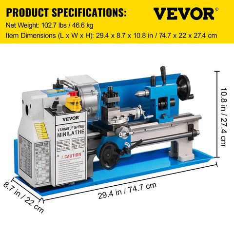 Rock Solid Compact Metal Lathe Seven By Fourteen Inch Bed with variable speed and heavy cast iron frame for precise machining.