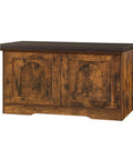 Rustic Brown Entryway Shoe Bench With Doors Cushioned Seat 2 Tier Shoe Rack With Six Cubbies 31.5 Inch L 13.8 Inch W