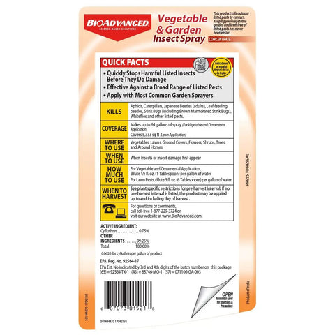 Back label of Concentrated Vegetable and Garden Insect Spray For Quick Knockdown Of Aphids, 32 Ounce Plant Pest Killer