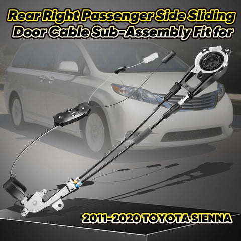 Right rear passenger side sliding door cable sub-assembly for Toyota Sienna 2011-2020 displayed in front of van.