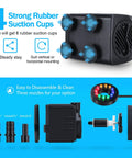 Submersible Fountain Pump With Bright LED Lights 220 GPH 15W 900 LPH Six Point Five Feet Tubing One Third Inch ID 3 Nozzles For Aquarium Pond And Fish Tank Easy Setup Quiet Yet Powerful Water Pump With Cool Colorful Night Glow showing suction cups and nozzles