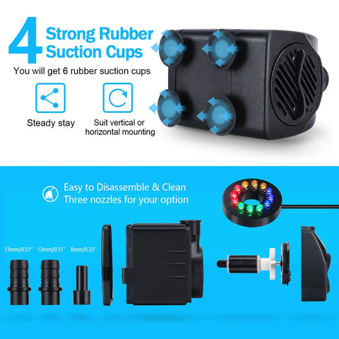 Submersible Fountain Pump With Bright LED Lights 220 GPH 15W 900 LPH Six Point Five Feet Tubing One Third Inch ID 3 Nozzles For Aquarium Pond And Fish Tank Easy Setup Quiet Yet Powerful Water Pump With Cool Colorful Night Glow showing suction cups and nozzles