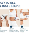 Body Sculpting Machine For Targeted Skin Firming And Anti Cellulite Massage With Lymphatic Drainage, Legs Stomach And Arms, Interchangeable Pads To Improve Texture And Smooth Skin shown in three-step usage process.