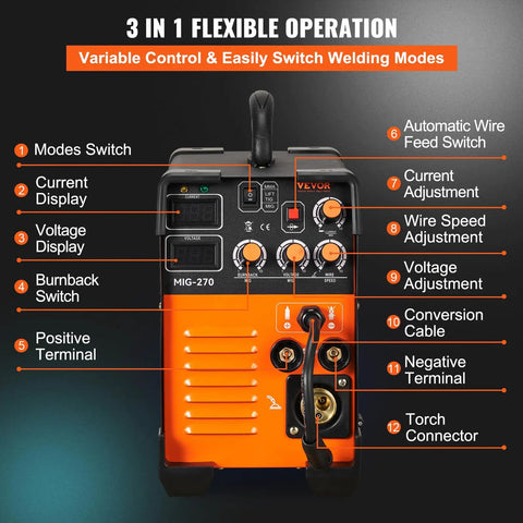 Front view of Do It All 270 Amp MIG TIG ARC Welder With 110 220V Inverter LCD Display showing controls and connectors.