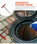 Heavy Duty Steel Manhole Cover Opener With Solid T Handle Grip Rust Resistant Multi Purpose Pull Lifter Hook For Sewer Lid Snagging And Jobsite Hauls No Sweat Tradesman Gear next to a manhole.