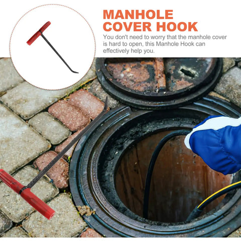 Heavy Duty Steel Manhole Cover Opener With Solid T Handle Grip Rust Resistant Multi Purpose Pull Lifter Hook For Sewer Lid Snagging And Jobsite Hauls No Sweat Tradesman Gear next to a manhole.