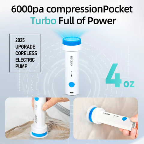 Front view: DUORAN cordless electric vacuum pump, white body with blue cap, USB rechargeable
