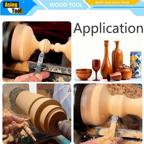 Carbide Tipped Wood Lathe Tools Set 3 Piece Rougher Detailer Finisher With Wood Handle And Diamond Round And Square Indexable Carbide Inserts For Turning Great For Pros And DIYers in use forming detailed wooden shapes on lathe.