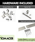 Brushed Nickel Sliding Barn Door Hardware Kit For Double Doors showing included hanger, roller, spacer, track, and junction plate.