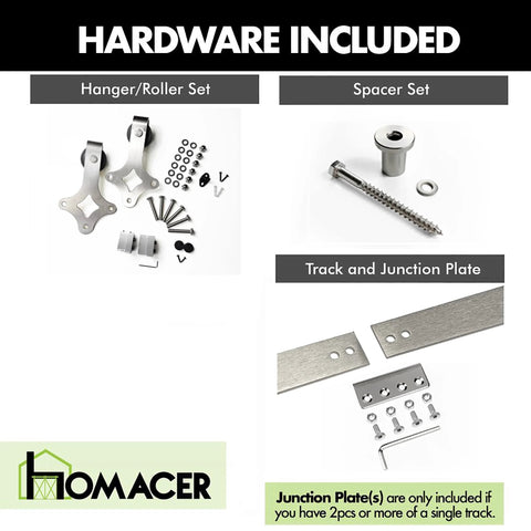 Brushed Nickel Sliding Barn Door Hardware Kit For Double Doors showing included hanger, roller, spacer, track, and junction plate.