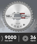 NEWTRY Replacement Saw Blades For Electric Rebar Cutter 140mm Diameter 34Mm Arbor Hole With 36 Teeth Ceramic Alloy Construction showing saw blade specs.