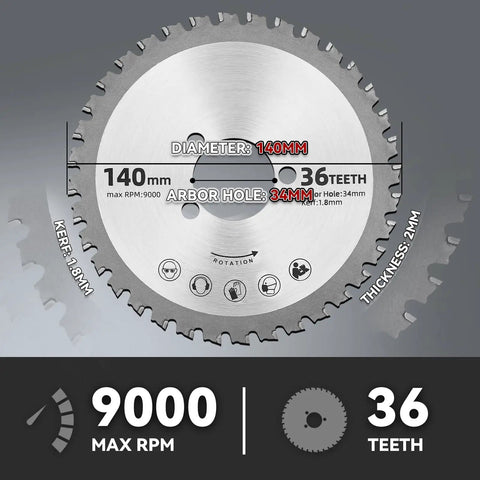 NEWTRY Replacement Saw Blades For Electric Rebar Cutter 140mm Diameter 34Mm Arbor Hole With 36 Teeth Ceramic Alloy Construction showing saw blade specs.
