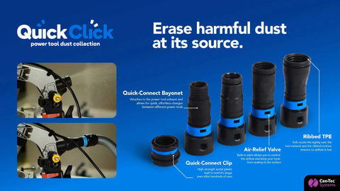 Heavy Duty 30 Ft Vacuum Hose With Quick Click Couplings For Home And Shop Vacs Built To Tackle Messes Flexible Dust Collection Hose With Expanded Multi Brand Tool Adapter Set For 3/4 In To 1 1/2 In Ports shown with quick-connect adapters and air-relief valve detail