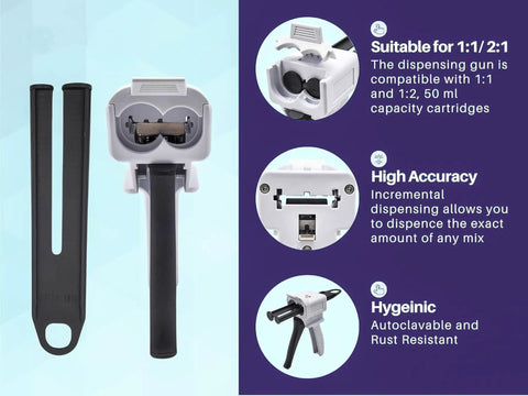 Top Rack 2 Pack Manual Dispensing Gun, 50ml Cartridge Base, detailed view showing nozzle and ergonomic handle.