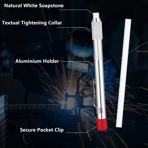 Two Pro Grade Soapstone Marker Pencil Sets With 12 Refills For Welding, Metalworking And Fabrication, shown with label annotations