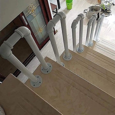 Heavy Duty Wrought Iron Staircase Handrail U Shaped Non Slip Safety Rail Built Tough For Indoor Or Outdoor Rooms Holds Four Forty Pounds Like An Absolute Champ with white finish on wooden stairs.