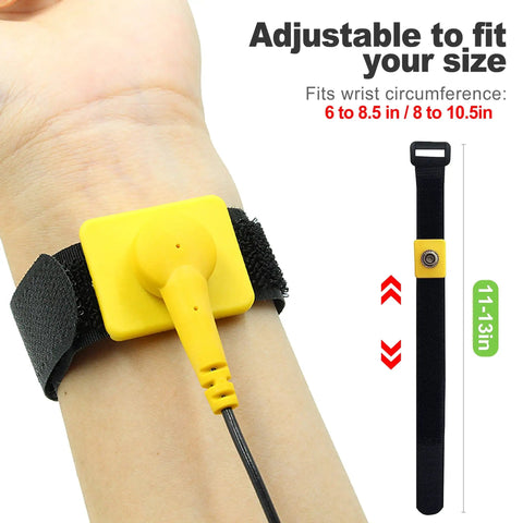 Anti Static Wrist Strap 11 Inch Adjustable ESD Wristband With Grounding Clip For Electronics And PC Building, worn on wrist