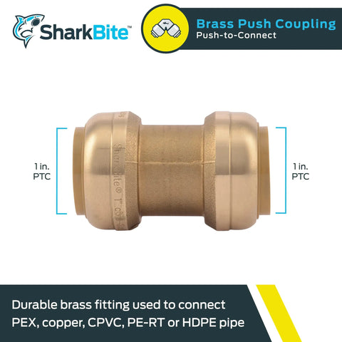 1 Inch Brass Push To Connect Plumbing Coupling For PEX Copper CPVC PE-RT HDPE Piping Easy Snap On Quick Connect Fitting No Solder Required Durable Brass Body For Tight Spaces And Versatile Installations
