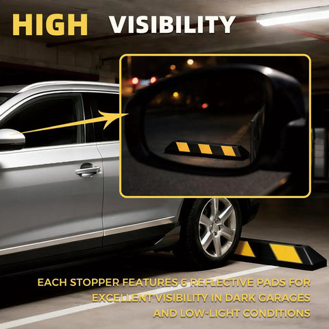 Car parked near 35.5 Inch Heavy Duty Rubber Parking Stopper 2 Pack With Reflectors And Mounting Screws, 22,000 Lbs Vehicle Stop