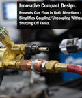 Oxy Fuel Quick Connect Torch To Hose Coupler Set for Safe Fuel and Oxygen Disconnects with leak proof design, installed view