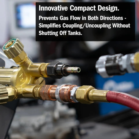 Oxy Fuel Quick Connect Torch To Hose Coupler Set for Safe Fuel and Oxygen Disconnects with leak proof design, installed view