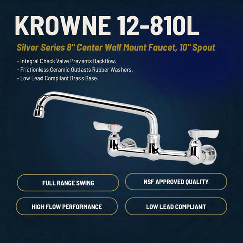 Beefy Heavy Duty Low Lead Wall Mount Faucet With 10 Inch Swing Spout For Commercial Kitchens 1.8 GPM Flow Chrome Plated Finish