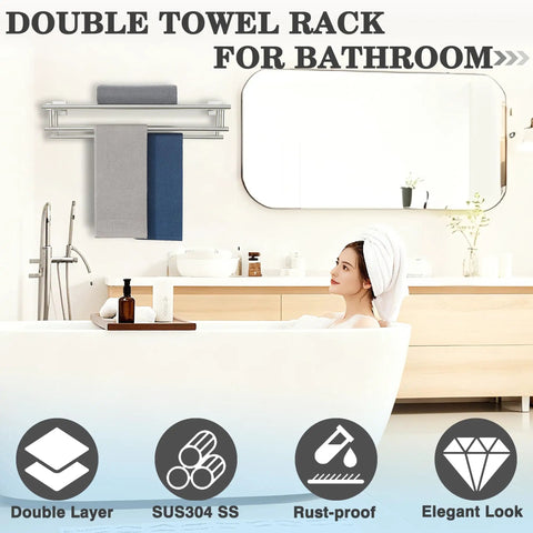 Double Bar Towel Rack For Bathroom Wall Mount 304 Stainless Steel Brushed Nickel Finish Towel Holder above bathtub