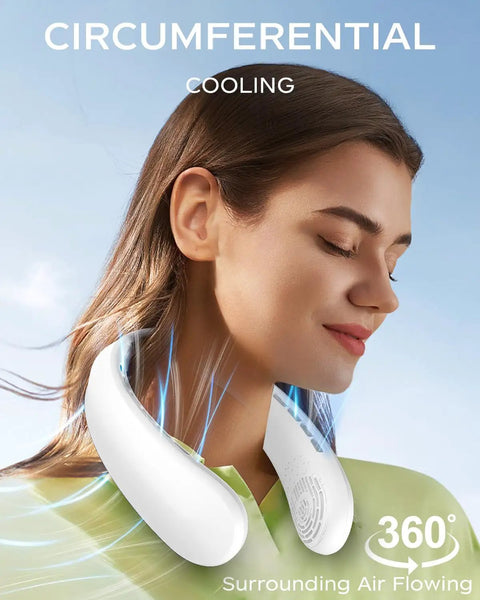 Woman wearing Neck Fan Portable Personal Cooling Device With 5200mAh USB Rechargeable Battery 3 Speed Bladeless Ultra Quiet Fan