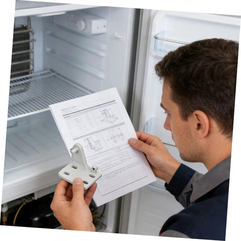 Installation of Heavy Duty Metal Refrigerator Door Hinges For Fridges And Coolers With Hardcore Steel Joints, holding instructions.