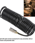 Level Up Your Garage Vibes With This Super Sweet Spiral Air Hose One Quarter Inch ID 16 4 Feet PE Coiled Compressed Air Line Featuring Self Retracting Design That Prevents Tangling And Saves Storage Space For Pro Shop Needs. coiled black air hose with quick connect fitting for pneumatic tools
