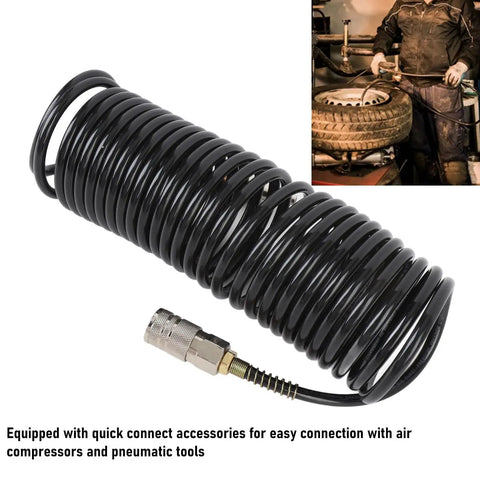 Level Up Your Garage Vibes With This Super Sweet Spiral Air Hose One Quarter Inch ID 16 4 Feet PE Coiled Compressed Air Line Featuring Self Retracting Design That Prevents Tangling And Saves Storage Space For Pro Shop Needs. coiled black air hose with quick connect fitting for pneumatic tools