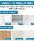 Image showing installation methods for various wall materials including marble, metal, glass, wood, wallpaper, and concrete.