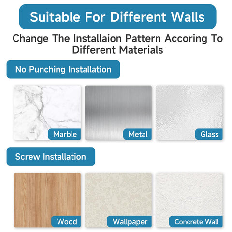 Image showing installation methods for various wall materials including marble, metal, glass, wood, wallpaper, and concrete.