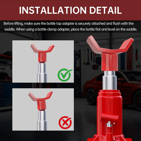 ForoGore Red Bottle Jack Adapter 12 Ton Lift Extender Sleeve showing correct and incorrect installation on hydraulic jack.