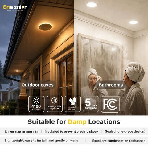 Ensenior 6 Pack 6 Inch LED Recessed Lights with Night Light, 5CCT 1100LM installed in outdoor eaves and bathroom.