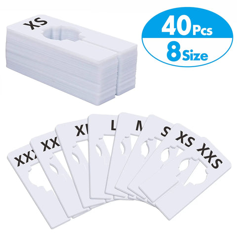 40 Pack Preprinted Rectangular White Closet Rack Dividers In 8 Sizes XXS Through XXXL, Double Sided, 2.5 By 5 Inches, Inner Diameter 1.38 Inches, Ready To Use Hanger Friendly Organizer