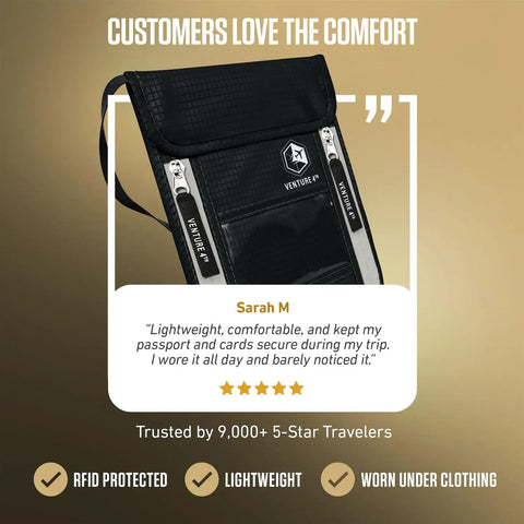 Stealthy Hidden Neck Wallet For Travel With RFID Blocking Passport Holder and testimonial from 5-star user Sarah M, black color.