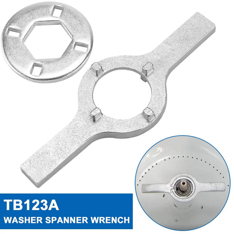 TB123A washer spanner wrench for GE/Whirlpool washers, 1-11/16 inch tub nut, silver metal, front view