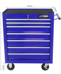 Front view of Rolling Tool Chest With Seven Drawers On Wheels Heavy Duty Steel Tool Cabinet, blue finish, lockable, with dimensions.