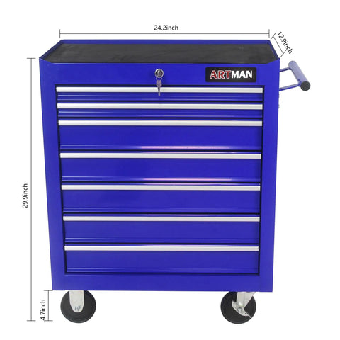 Front view of Rolling Tool Chest With Seven Drawers On Wheels Heavy Duty Steel Tool Cabinet, blue finish, lockable, with dimensions.
