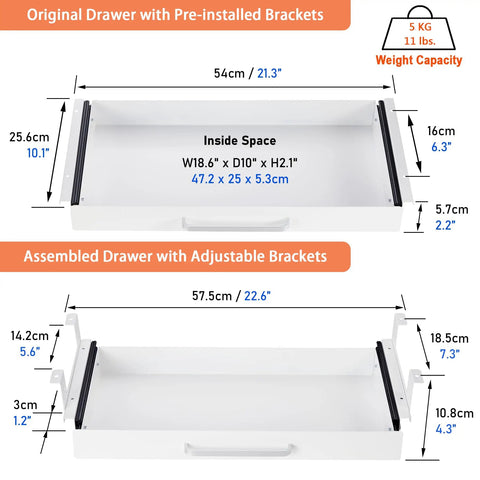 Diagram of Under Desk Drawer Organizer 21 Inch White With Adjustable Brackets Sliding Pull Out Pencil Drawer showing dimensions.