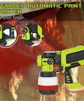Cordless automatic paint sprayer showing flow control, paint nozzle, and LED light for effortless precision finishing.