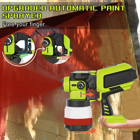 Cordless automatic paint sprayer showing flow control, paint nozzle, and LED light for effortless precision finishing.