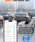Bluetooth OBD2 Scanner For DIYers Fix Check Engine Light Pass Smog shown on phone app screen with cars on street