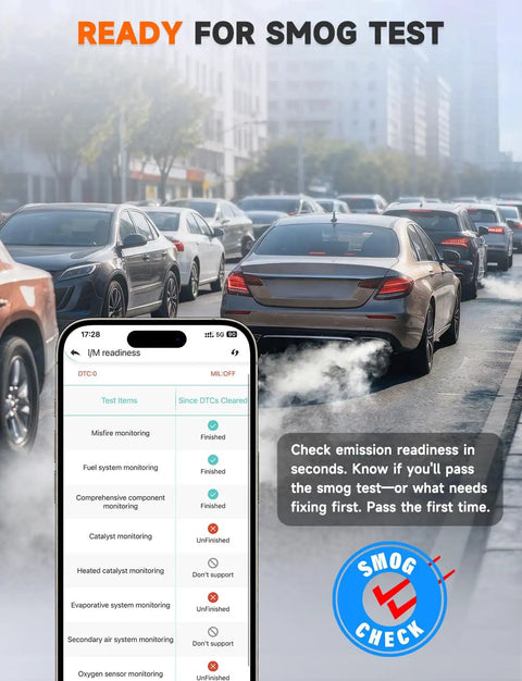 Bluetooth OBD2 Scanner For DIYers Fix Check Engine Light Pass Smog shown on phone app screen with cars on street