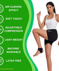 Woman demonstrating Achilles Tendon Support Ankle Wrap With 3D Breathable Knit Go-To Adjustable Fit beside product features