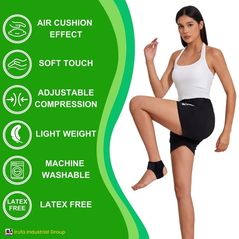 Woman demonstrating Achilles Tendon Support Ankle Wrap With 3D Breathable Knit Go-To Adjustable Fit beside product features