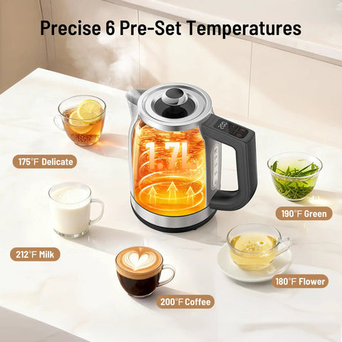 Your Go To Electric Kettle With Precise Temperature Control 1.7L 1500W 13 Temperature Settings Strix Thermostat on a countertop