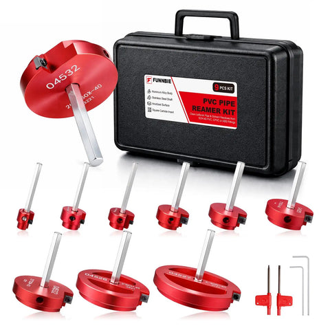 DIY Ready Durable Aluminum PVC Pipe Reamer Kit With Fitting Saver For Sch 40 CPVC ABS Plumbing Lightweight Socket Saver Tool Set Includes Drill And Size Range From One Half To Four Inch displayed in case.