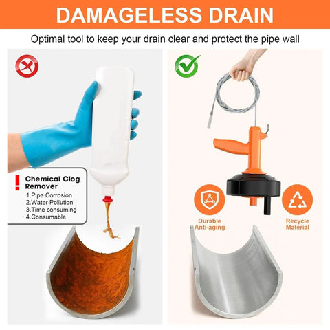 Damageless drain showing comparison of chemical clog remover vs Heavy Duty Auto Feed Drain Snake With Drill Attachment for ease of use.